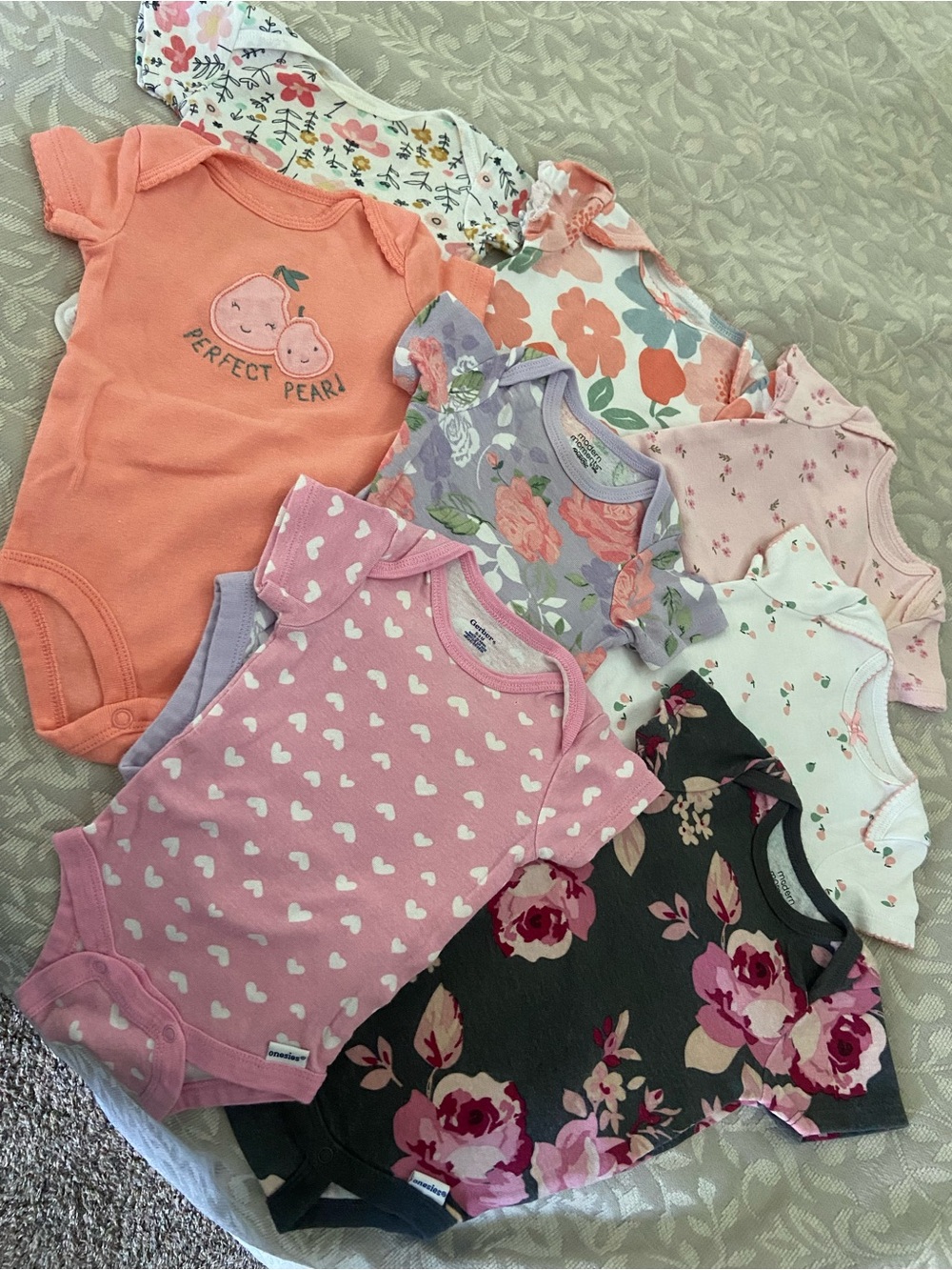 Assorted Floral & Heart Baby One-Piece Bodysuits - Pink, Peach, Lavender Set